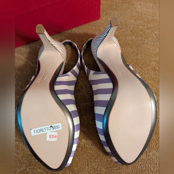 NIB Salvatore Ferragamo Fioretto Satin Purple Striped Slingback Pumps 8.5 - Picture 8 of 11